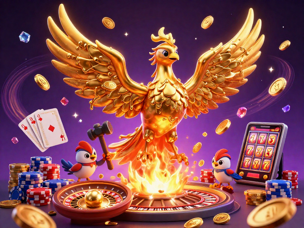Spin the slot reels with golden phoenix amidst cascading coins and vibrant casino elements.