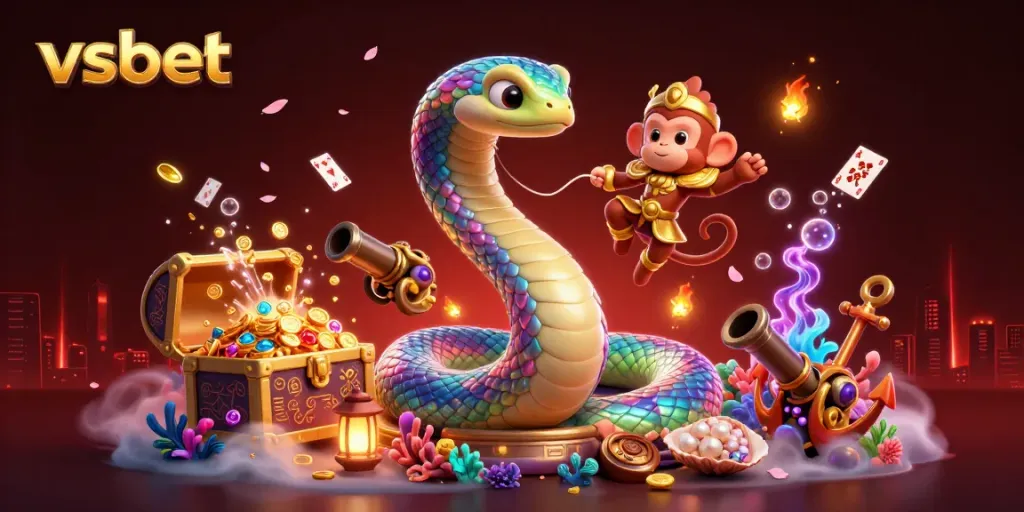 Experience the excitement of vsbet with vibrant 3D characters in a dynamic casino-themed illustration.
