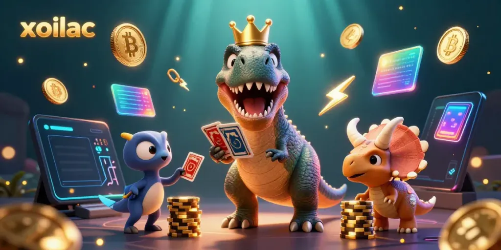 Xoilac-themed casino illustration featuring a T-Rex and pterodactyl at play.