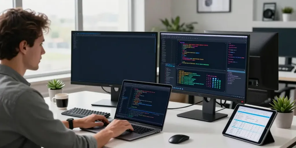 Developer utilizing instant indexing tools at a modern tech workspace with vibrant screens and productivity elements.