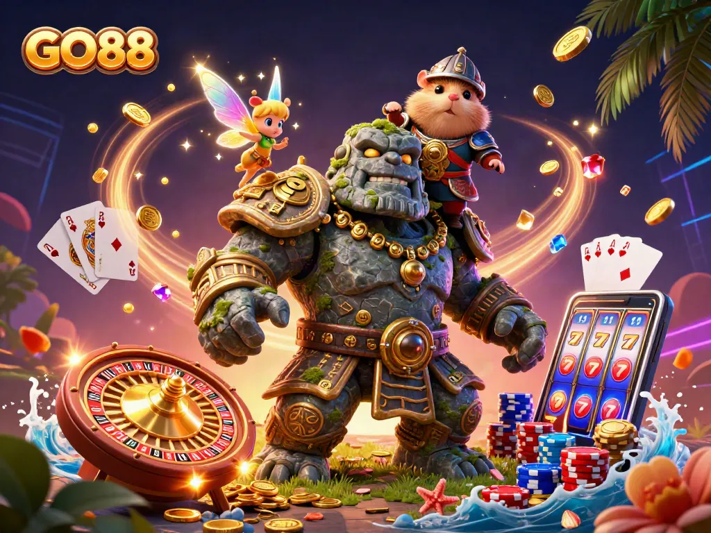 Engage with GO88's exhilarating casino world featuring enchanted characters, sparkling gems, and casino elements.