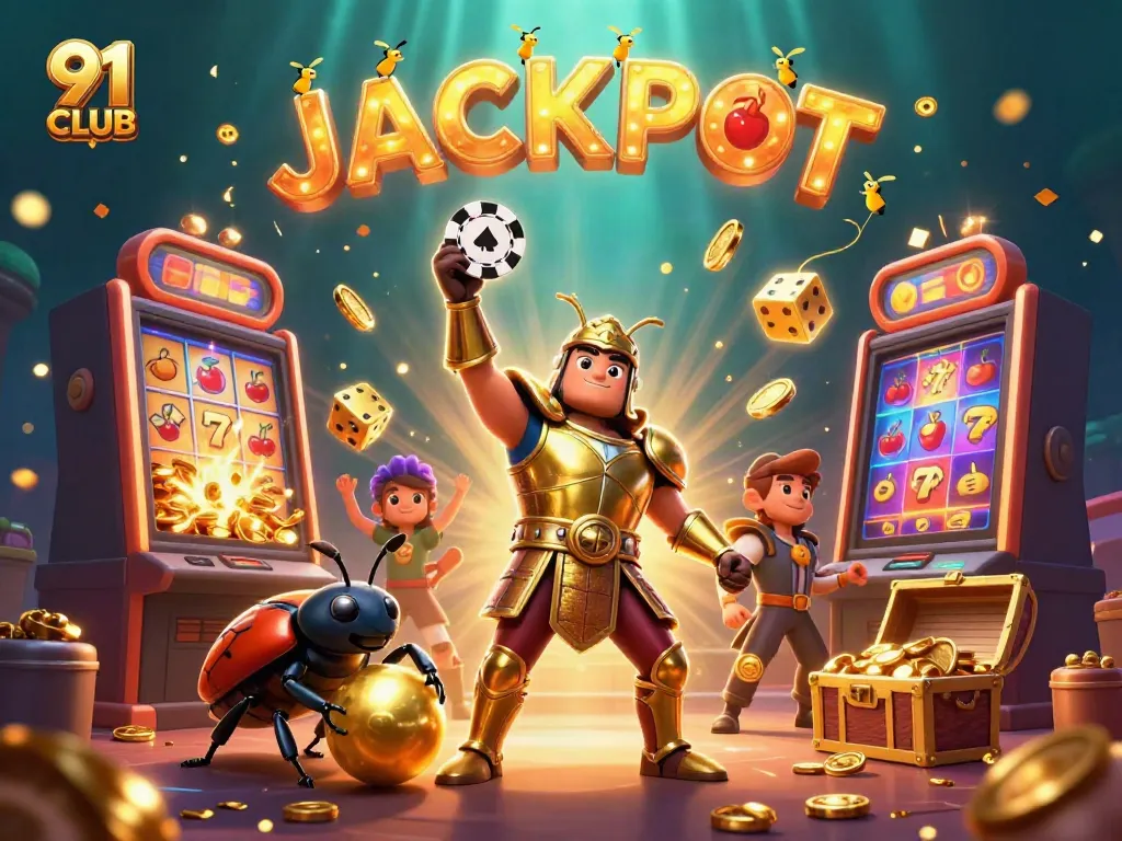 Experience the thrill of 91 CLUB with a powerful beetle champion celebrating a jackpot.