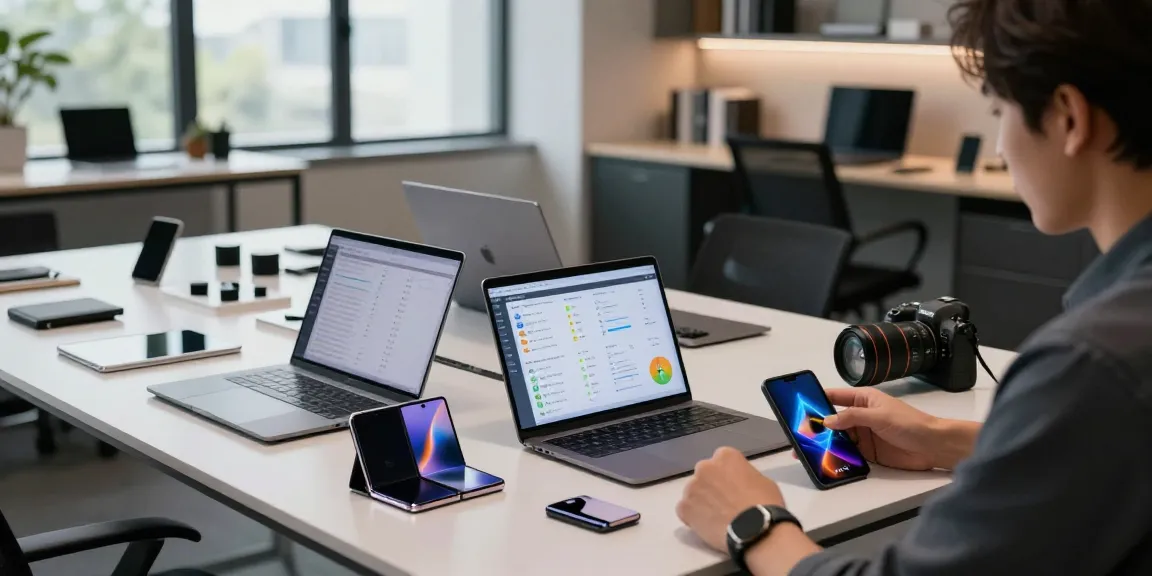 Foldable phones 2026 being reviewed by a professional in a modern tech workspace, showcasing product innovation.