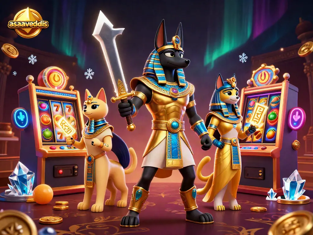 Experience thrilling slots with asasavedis as Anubis and Bastet celebrate winning jackpots filled with gold and fruit symbols.