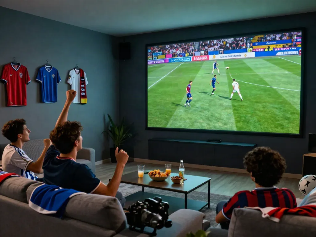 Friends celebrating a football match on Xoilactv in a vibrant home theatre.