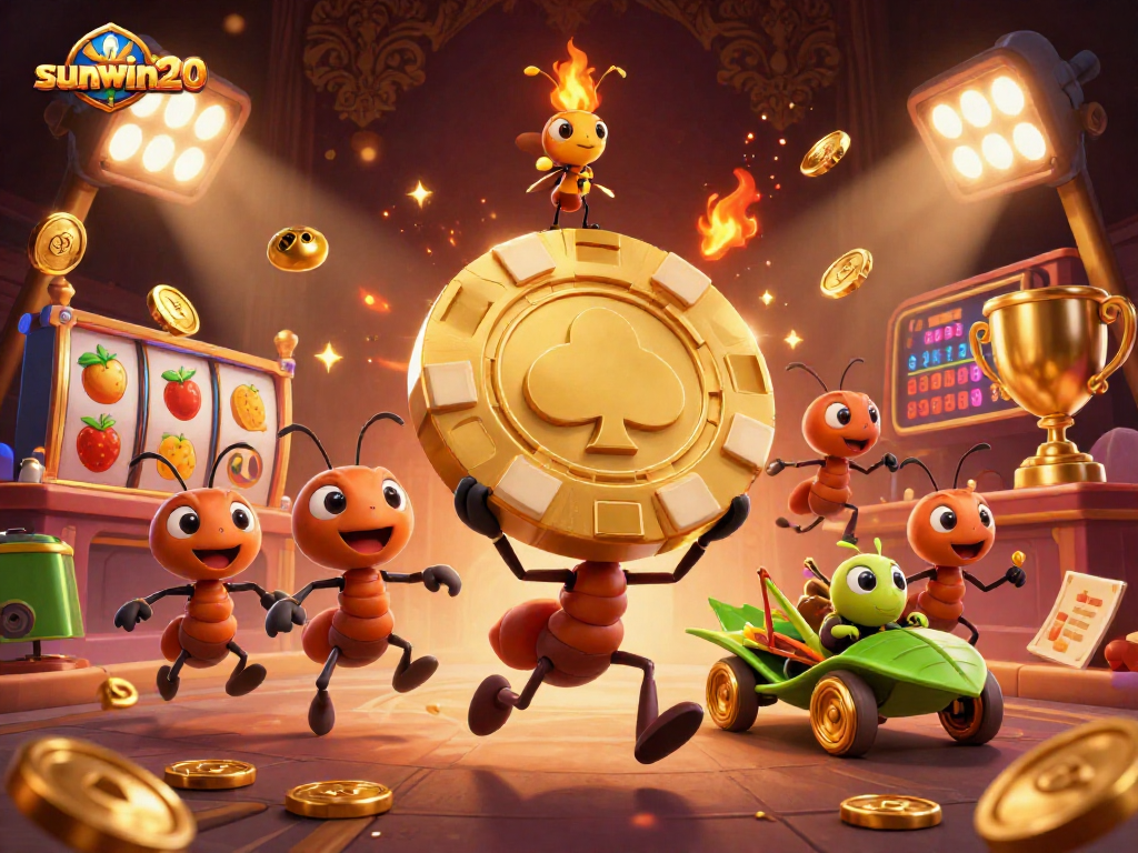 Experience an exciting heist in sunwin20 as cartoon ants take a golden poker chip through vivid slot game elements.