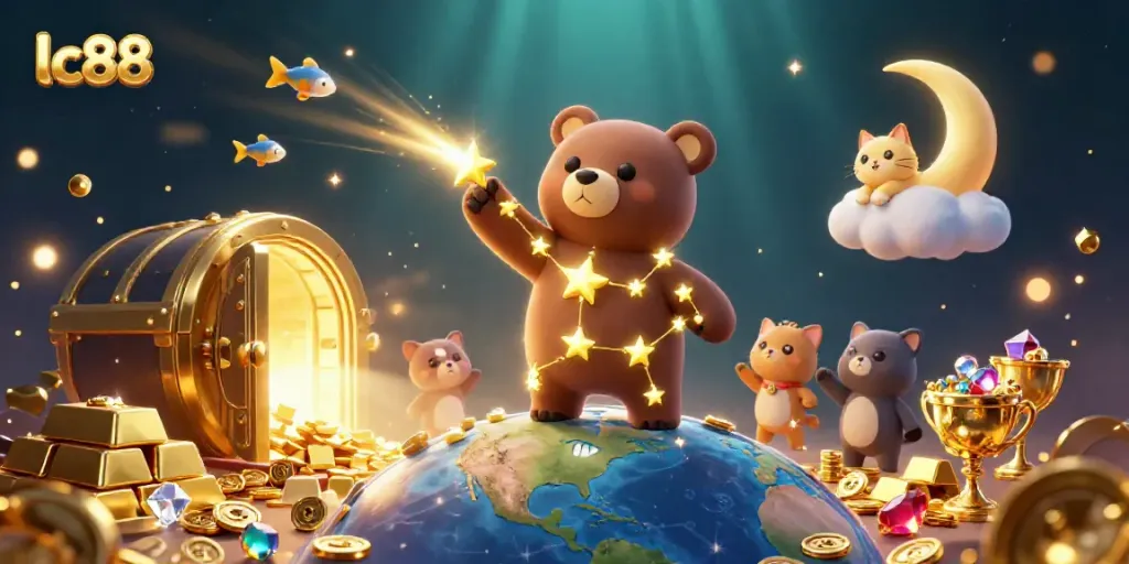 Experience gaming excitement with lc88 as a constellation bear scoops coins under a night sky.