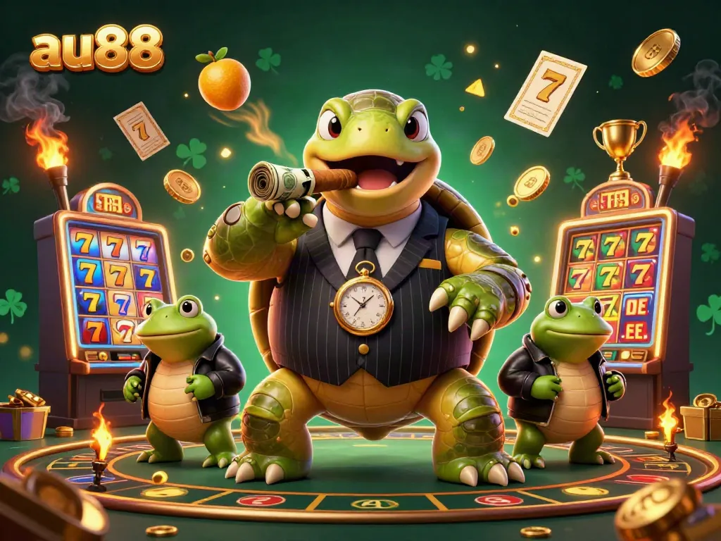 Experience excitement with au88, featuring a mobster turtle and bullfrog enforcers in a vibrant casino setting.