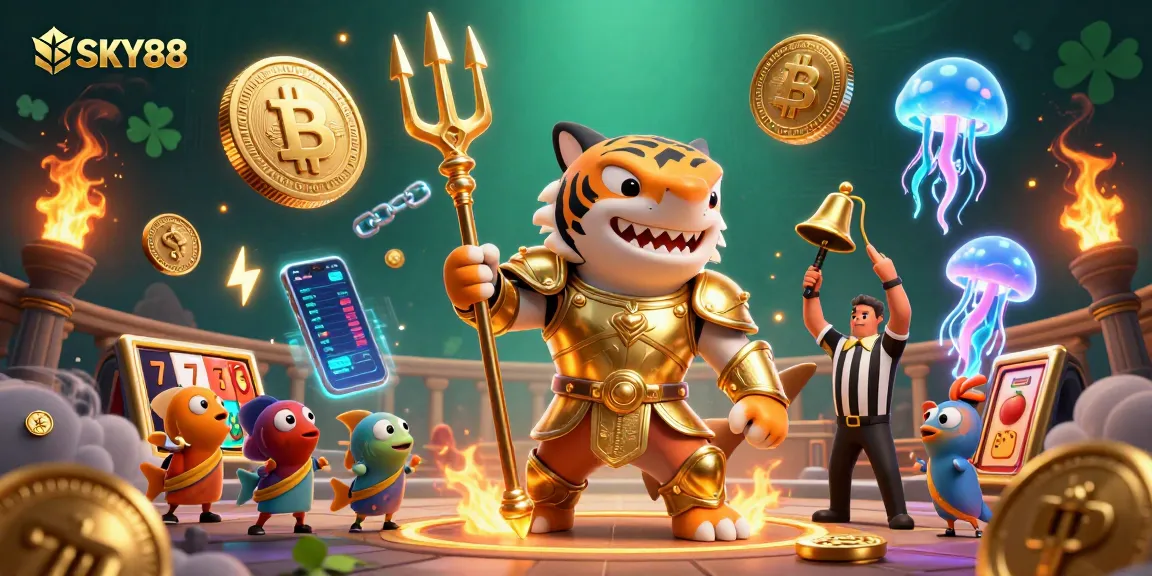Engage with SKY88 in an exciting underwater casino scene featuring vibrant 3D characters and crypto elements.
