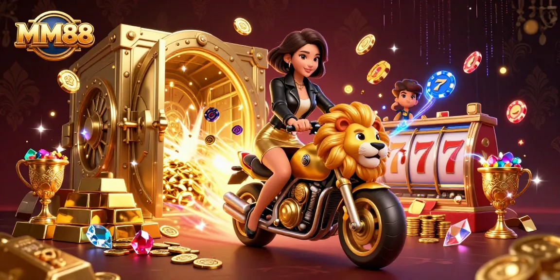 MM88 showcases a glamorous woman riding a golden lion amidst casino riches, fueling the excitement of online gambling.