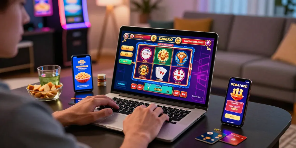 Player accessing credit card casinos at scoarch.org.uk in a lively home setting with gaming graphics and snacks.