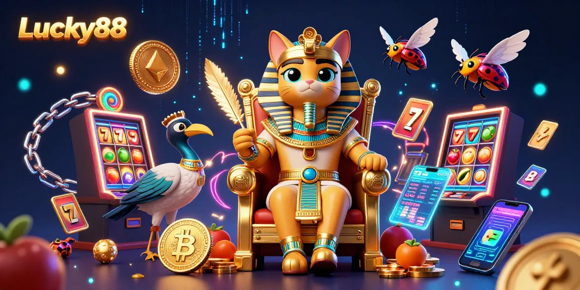 Spin the reels on Lucky88, featuring a regal pharaoh cat and glowing cryptocurrency coins in an energetic casino scene.