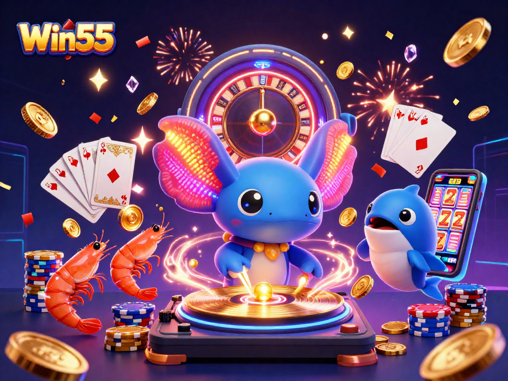 Win55 Casino Fun: Neon axolotl DJ and lively shrimp create a festive gaming atmosphere.