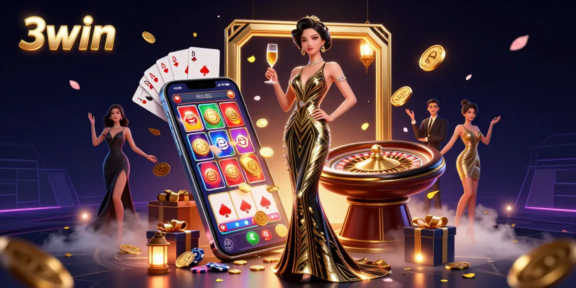 Spin the reels with 3win's glamorous casino scene featuring vibrant characters and rich casino elements.