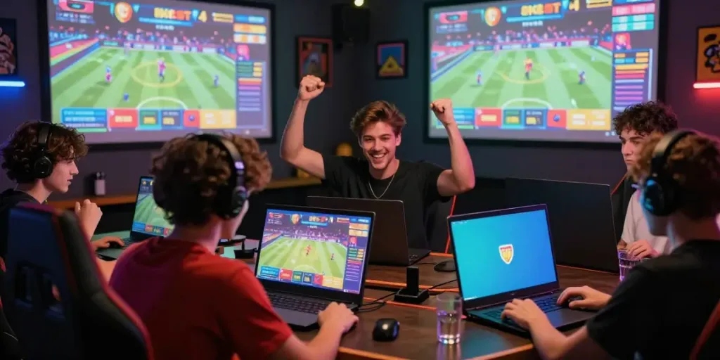 Players engaged with 8kbeteu.com in a lively gaming atmosphere, celebrating online wins with modern devices.