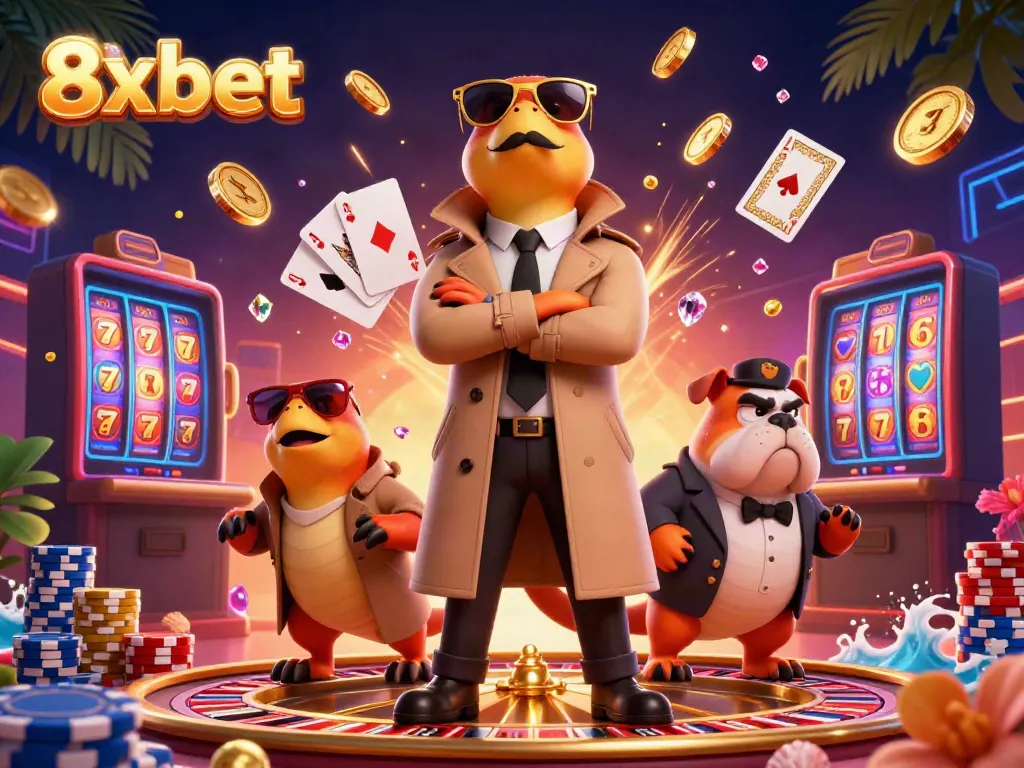Experience the vibrant world of 8xbet with jubilant raptors entering a VIP casino lounge.
