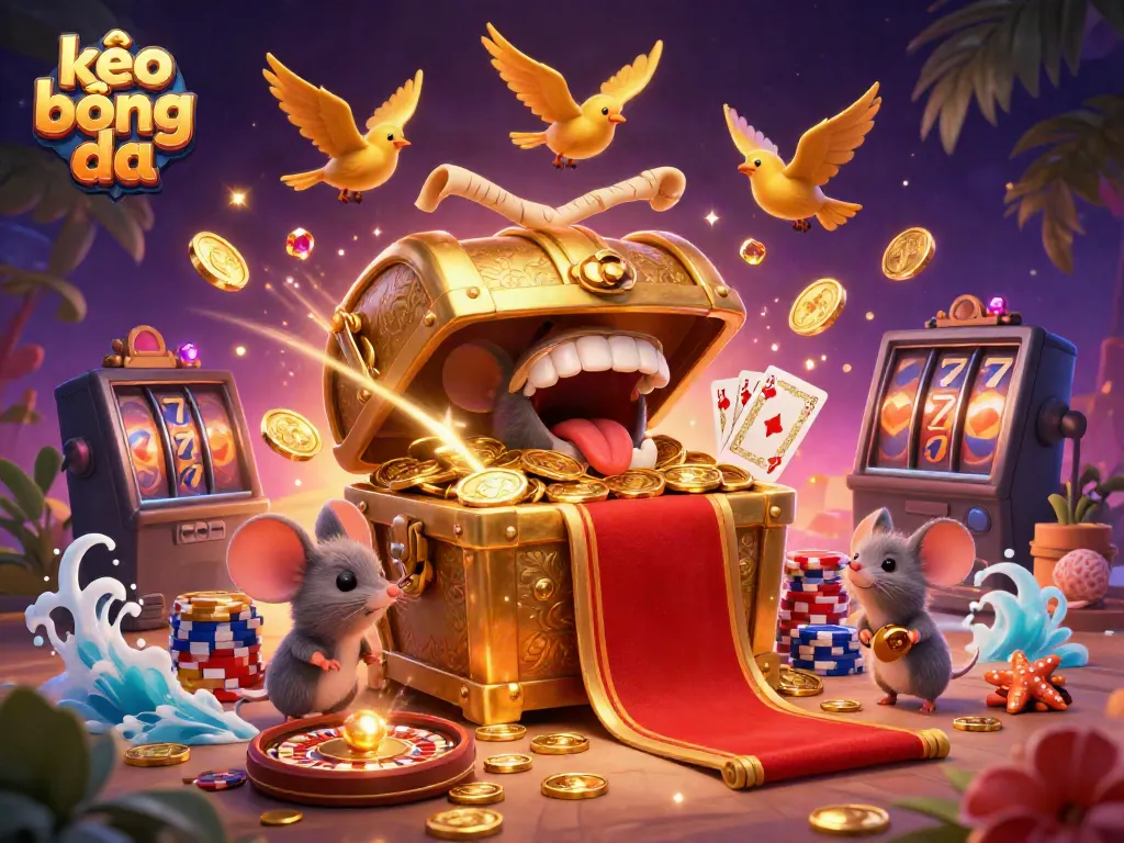 Engage in kèo bóng đá with a lively treasure chest scene filled with vibrant casino elements.