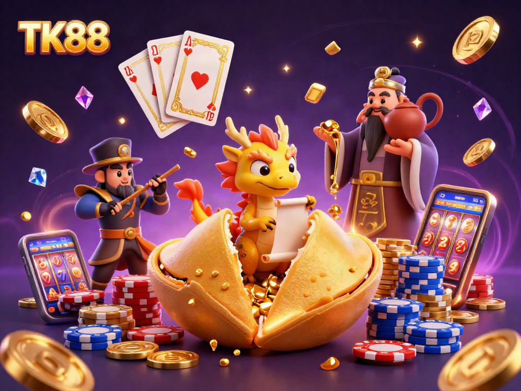 Play to win at TK88 with an animated scene of fortune, coins, and cards.