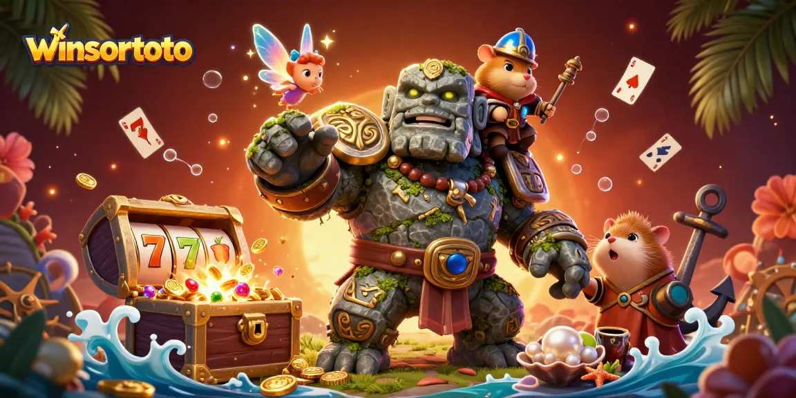 Menang di winsortoto dengan karakter unik dan elemen permainan yang menarik, sertakan simbol jackpot dan chip kasino.