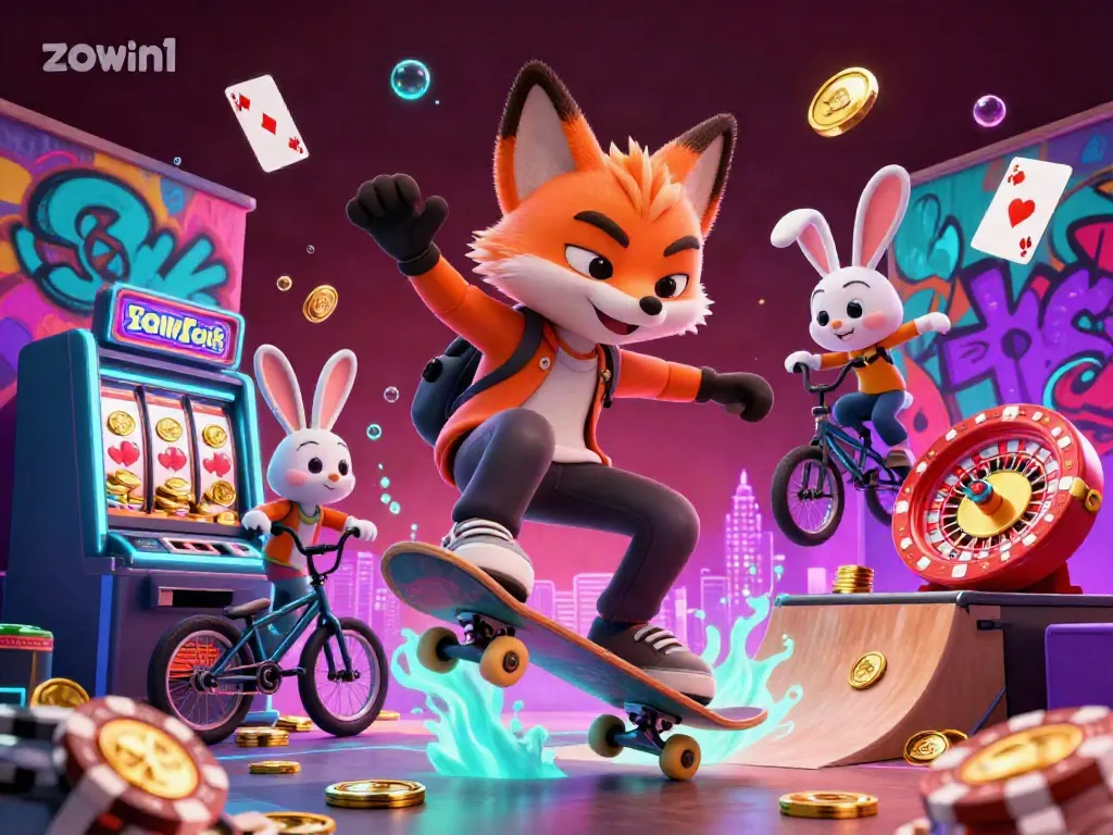 Engage with the thrilling world of zowin1, where a cartoon fox and rabbit perform acrobatic tricks over golden chips.