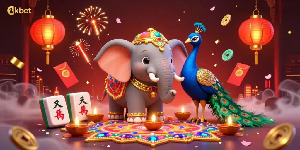 Experience the vibrant atmosphere of online gambling with 8kbet through this colorful 3D illustration of festive characters and gaming elements.
