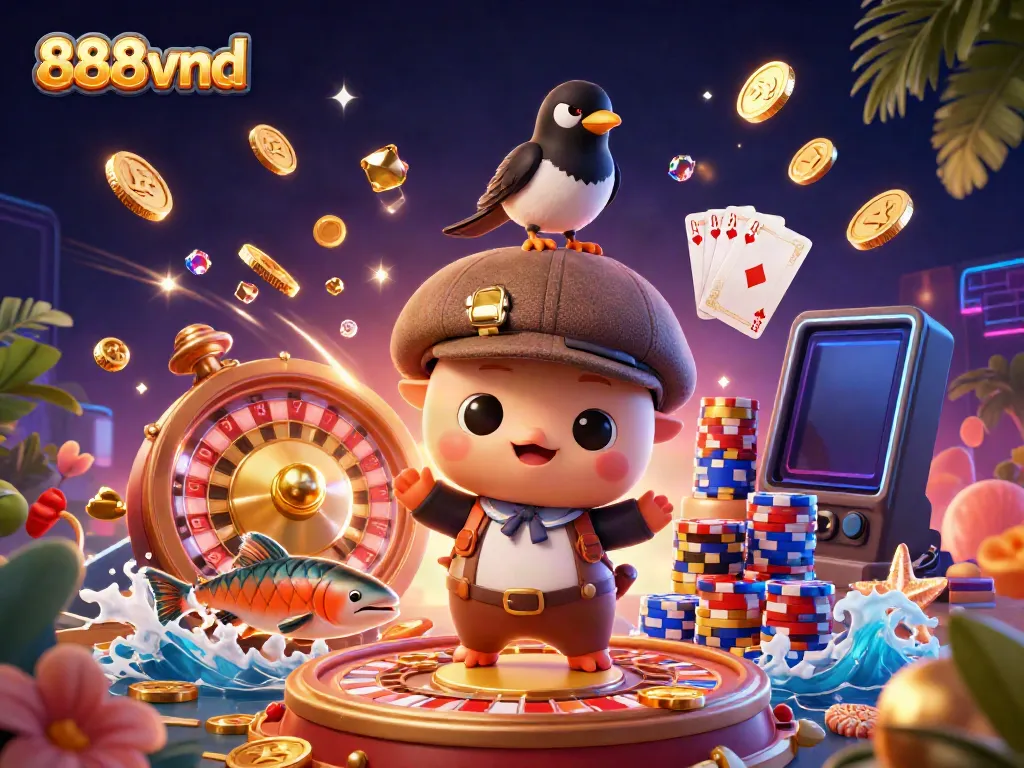 Engage with 888vnd's colorful 3D scene showcasing online gaming excitement with coins and characters.
