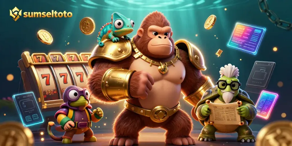 Engage with sumseltoto's thrilling gambling scene featuring a powerful gorilla and dynamic elements.