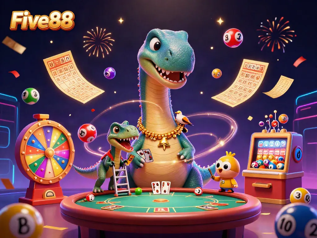 Five88 showcases a thrilling 3D scene with a brontosaurus and raptor in a dynamic casino environment.