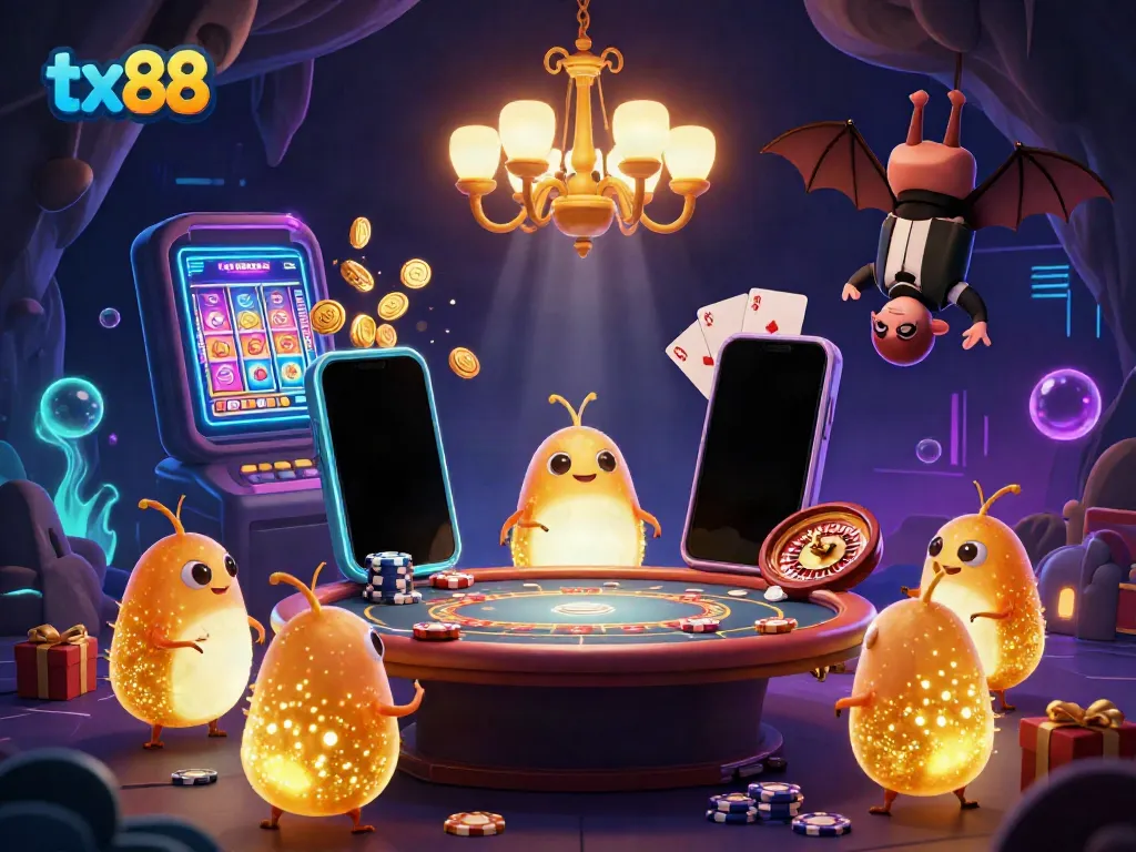 Experience the excitement at tx88 with glowworms illuminating a vibrant casino scene featuring slot games and poker.
