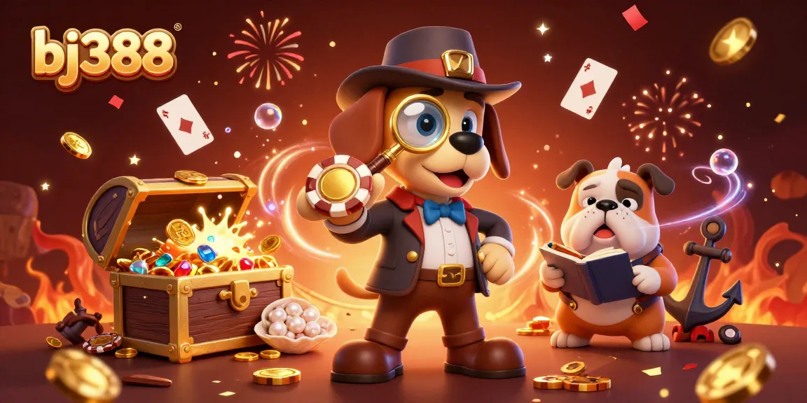Play and win with bj388 poker chips, gold coins, and festive decorations in a lively casino scene.