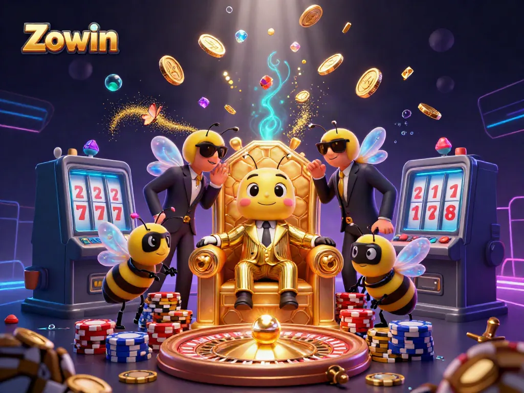 Zowin's lively casino scene features vibrant elements like coins, cards, and a whimsical bumblebee mob boss.