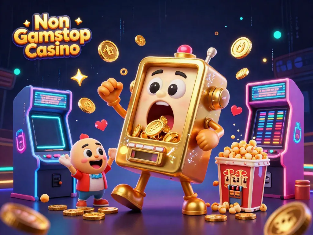 Non Gamstop Casino illustration featuring a golden slot machine winning, surrounded by cheering mini slot machines and arcade elements.