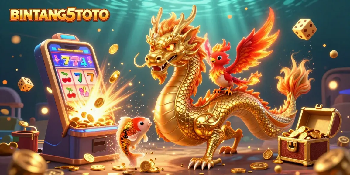 BINTANG5TOTO showcases a thrilling scene with a golden dragon, phoenix, and koi fish amidst explosive jackpots.