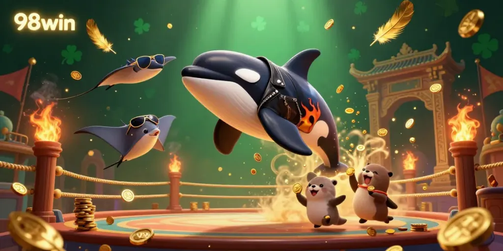 Experience thrilling casino fun with 98win, featuring vibrant characters and golden coins in action.