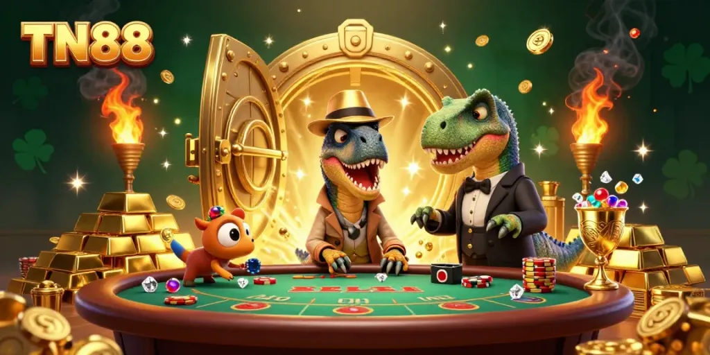 Engage with TN88 casino action featuring a velociraptor card counter, stegosaurus pit boss, and a compy pickpocket in a vibrant setting.