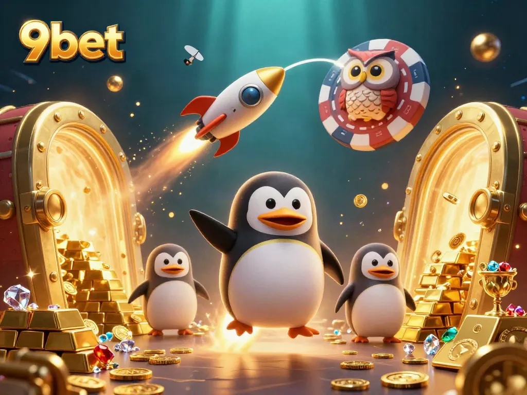 Experience exciting wins at 9bet with a dynamic scene of a rocket-powered penguin in a casino space setting.