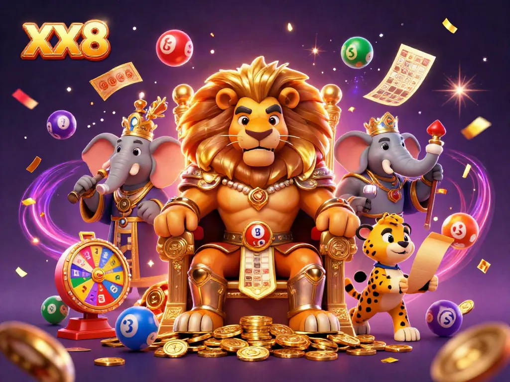 Join the excitement at XX8 with vibrant lottery balls and a majestic lion, celebrating fortune.