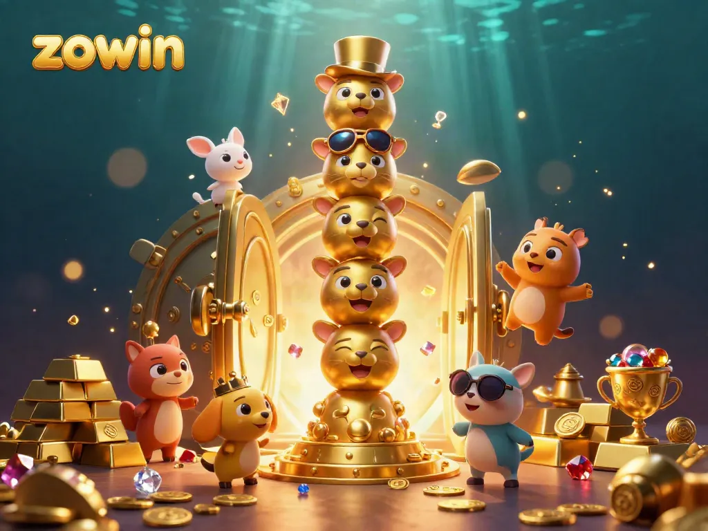 Zowin's vibrant casino adventure with diverse animal totem, gold treasures, and dazzling gemstones.
