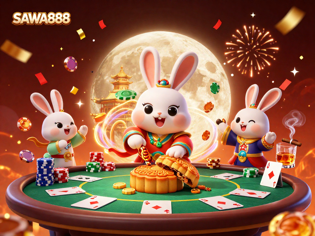 Experience the excitement of SAWA888 with a dynamic 3D illustration featuring vibrant casino elements and engaging characters.