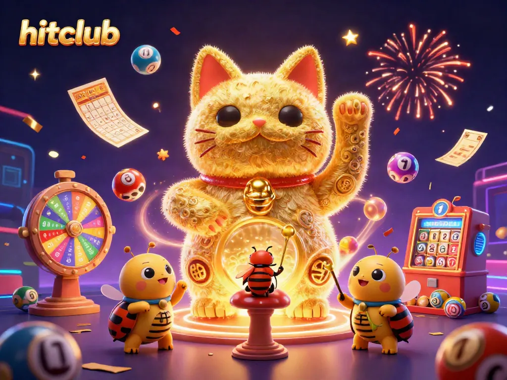 Experience the thrill of hitclub with vibrant lottery balls and a lucky cat in a dynamic casino scene.