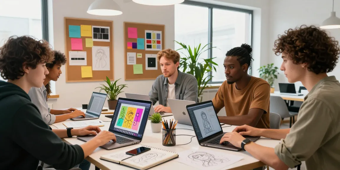Creative team collaborating on NSFW digital art in a modern workspace, vibrant sketches and ideas flowing.