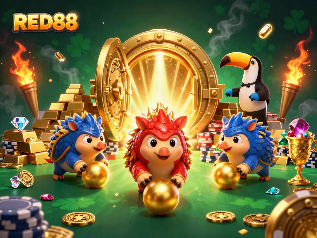 Experience the thrilling games at RED88 with exciting pangolin characters and vibrant treasure elements.