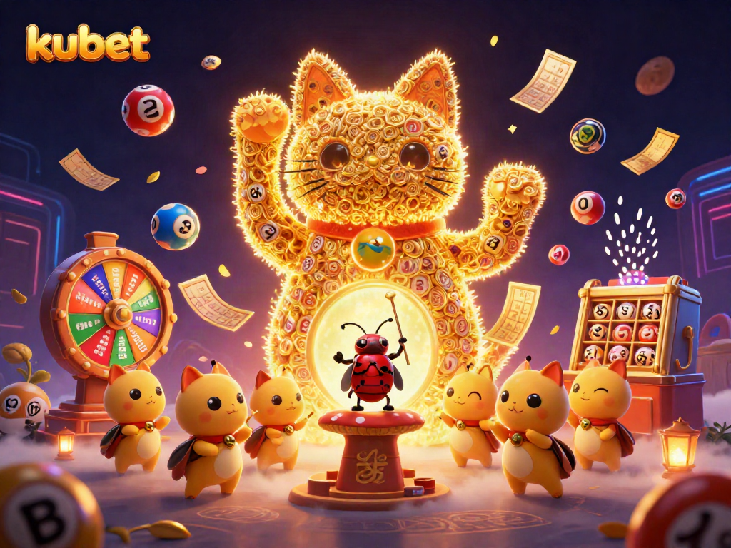 Enhance your kubet gaming experience with a vibrant, lucky cat illustration showcasing rich casino elements.
