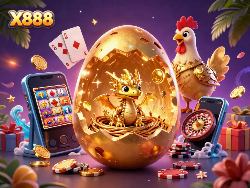 X888 reveals golden gaming energy with a dragon, poker chips, and vibrant slot games.