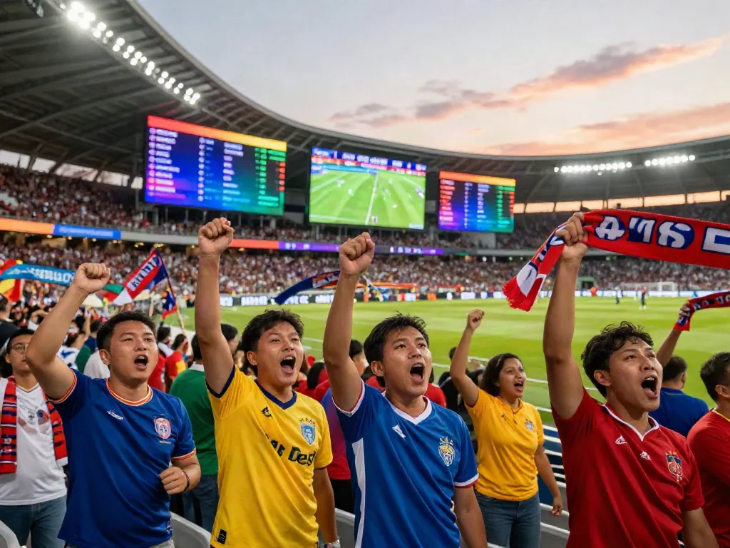 Excited fans at Gavangtv cheering for their favorite football team during a live match.