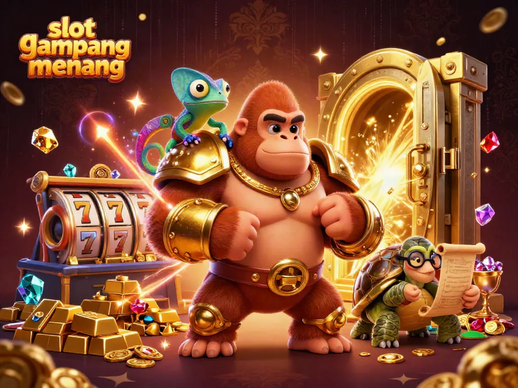 Experience thrilling gameplay with slot gampang menang, featuring a gorilla king, chameleon, and tortoise in a vibrant casino scene.