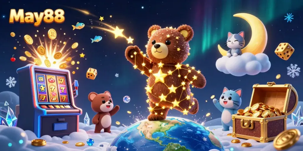 Experience May88's vibrant casino magic with a constellation bear embodying wealth and excitement.
