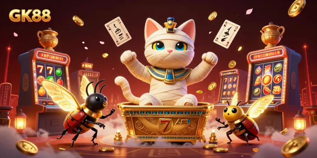 Engage with GK88 in a vibrant casino world featuring an Egyptian mummy cat and a scarab beetle.