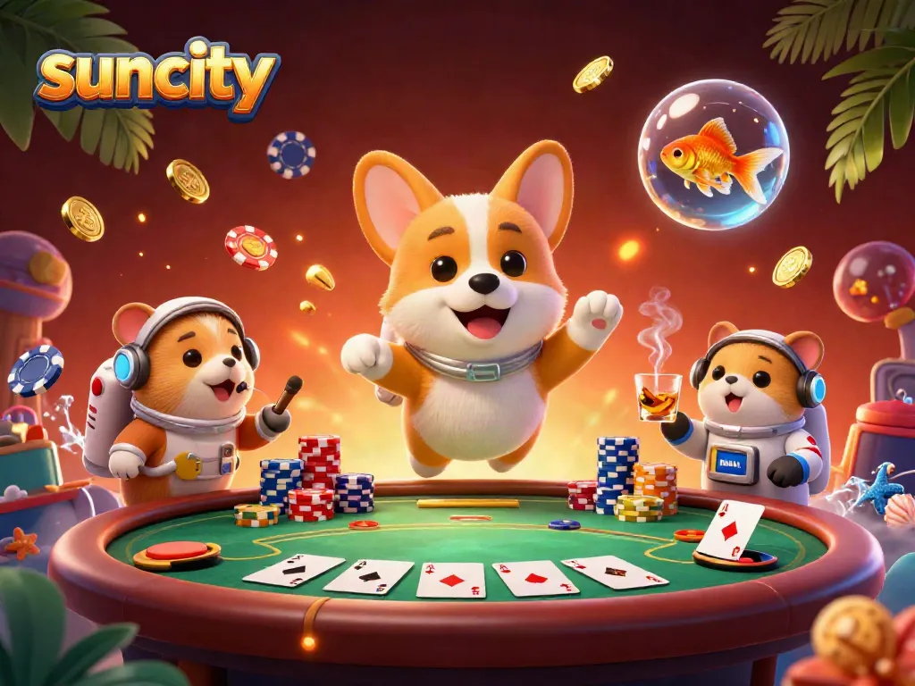 Suncity themed digital illustration showing a corgi in a space casino, poker chips, and golden coins floating.