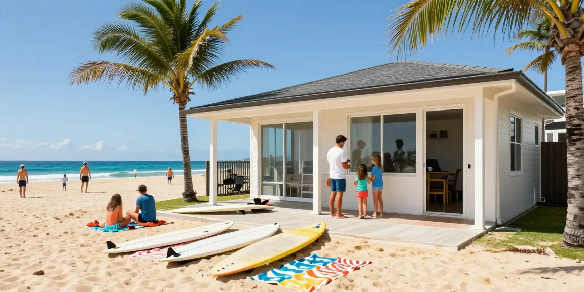 Airbnb management Gold Coast: tourists enjoying a beachfront property with surfboards, showcasing vibrant lifestyle.